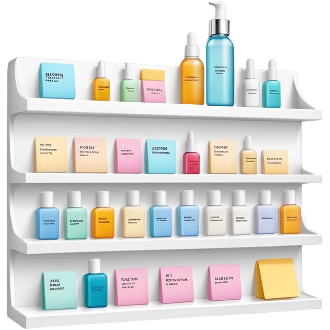 big long white shelf with one serum bottle labeled beauty brand and large sticky note next to it emoji