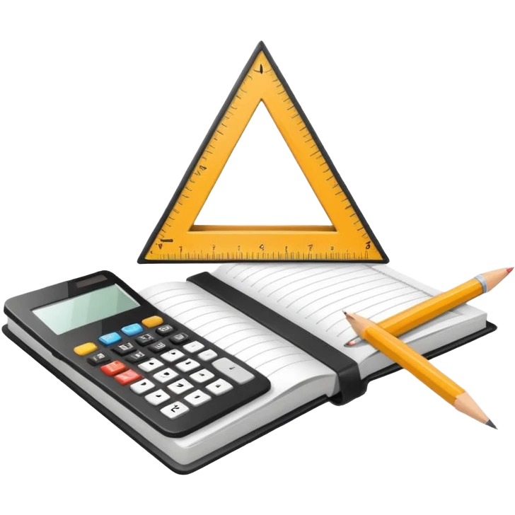 Minimalistic flat vector icon, iOS style, thin black contour on white background. Open textbook with a ruler and triangle on top, calculator next to it. No text, no shadows.
 emoji