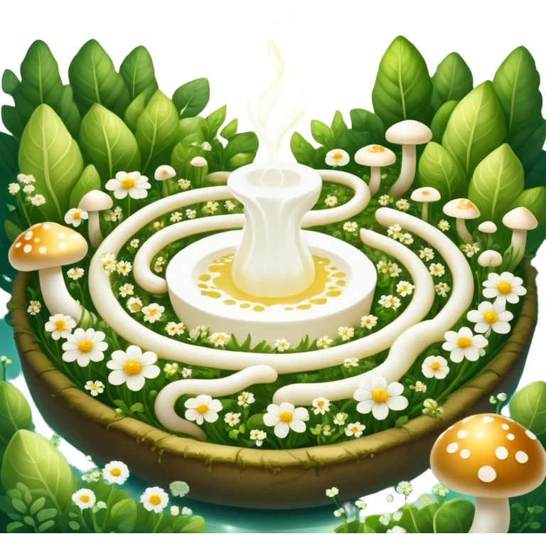 Glowing garden of probiotic foods: yogurt as white flowers, kefir as luminous mushrooms, and fermented vegetables as magical plants. Beneficial bacteria appear as tiny golden lights floating through the garden. The intestine forms a spiraling path surrounded by this magical ecosystem. emoji