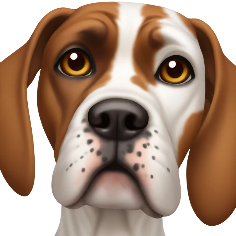 white dog with brown spot on right eye and ear , breed boxer emoji