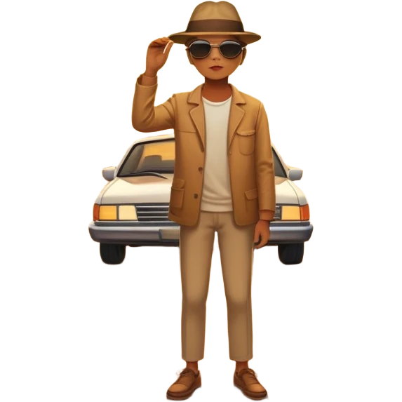 A parked car rests on the side of a long with a person outside , empty road stretching toward a golden sunset. The sky glows with warm colors, and the landscape ahead feels open, peaceful, and full of promise. emoji