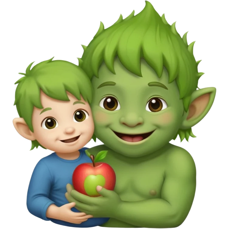 green troll gently holding a happy toddler, apple emoji style emoji