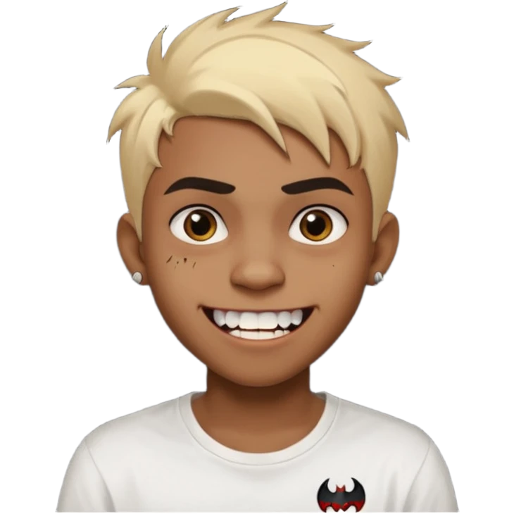 Black Male Teenager with Short punk messy blonde hair, Dark brown bushy eyebrows large expressive golden-brown eyes, wearing a plain white t-shirt, Dark Brown skin color. vampire tooth emoji