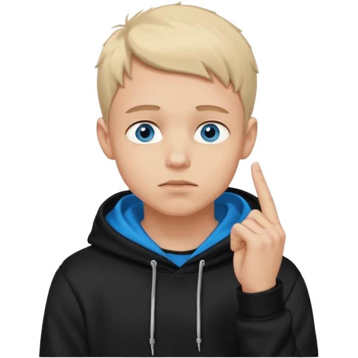 man in black hoodie in thinking pose, blue eyes, right hand raised, index finger touching his chin, eyes looking up to the top right emoji
