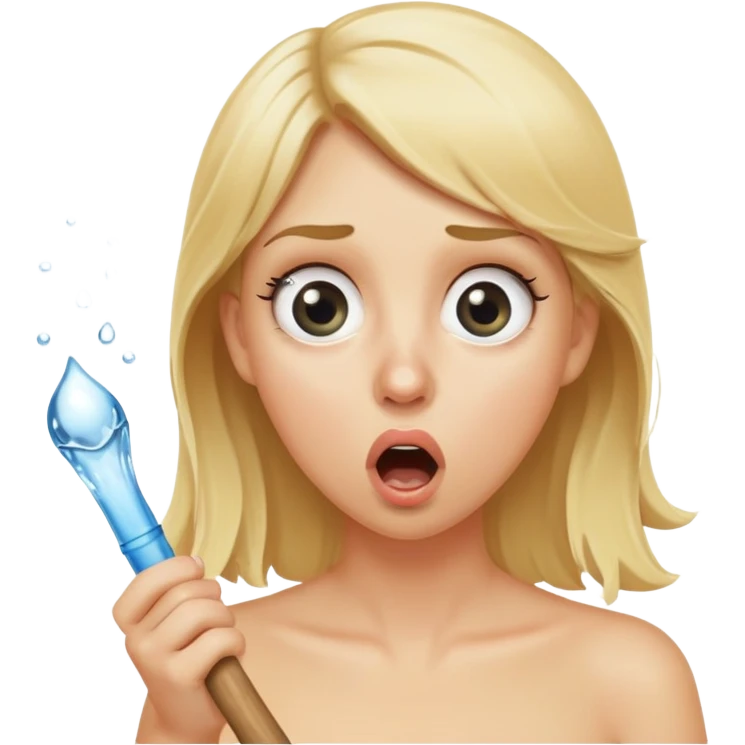 blond woman with wide eyes holding a wide skin-colored stick with a D-shaped knob, knob with skin texture, water squirting from flat side of knob into her mouth, shocked face emoji