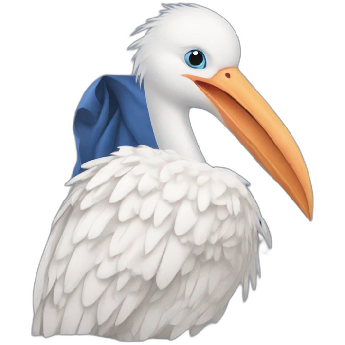  A big white stork carrying a blue bundle of cloth in its beak that has a cute white skinned baby face peeking out from it with black head emoji