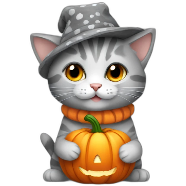 Grey kitten with white spots wearing a pumpkin hat emoji