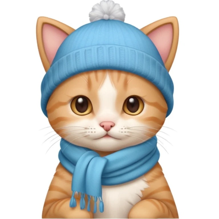 cute kitten shivering with cold, droopy ears, wearing scarf and hat, white background emoji