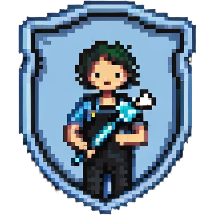 Shield-shaped badge with pixel art person holding car wrench key, colorful IT support design emoji