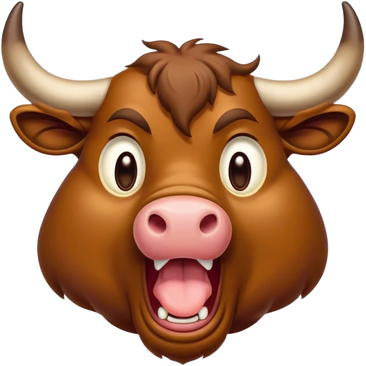 Cinematic Cute Yawning Brown Bull Portrait Emoji, Head tilted slightly with a dramatic, wide-open yawn, showcasing a smooth, rich brown hide with a subtle texture, floppy ears slightly drooping, round dark eyes barely open in drowsy contentment, Simplified yet irresistibly adorable features, highly detailed, glowing with a soft, cozy glow, high shine, relaxed yet expressive, stylized with a touch of rugged whimsy, bright and endearing, soft glowing outline, capturing the essence of a sleepy yet affectionate guardian, so drowsy it feels like it could charge right out of the screen and curl up for a nap! emoji