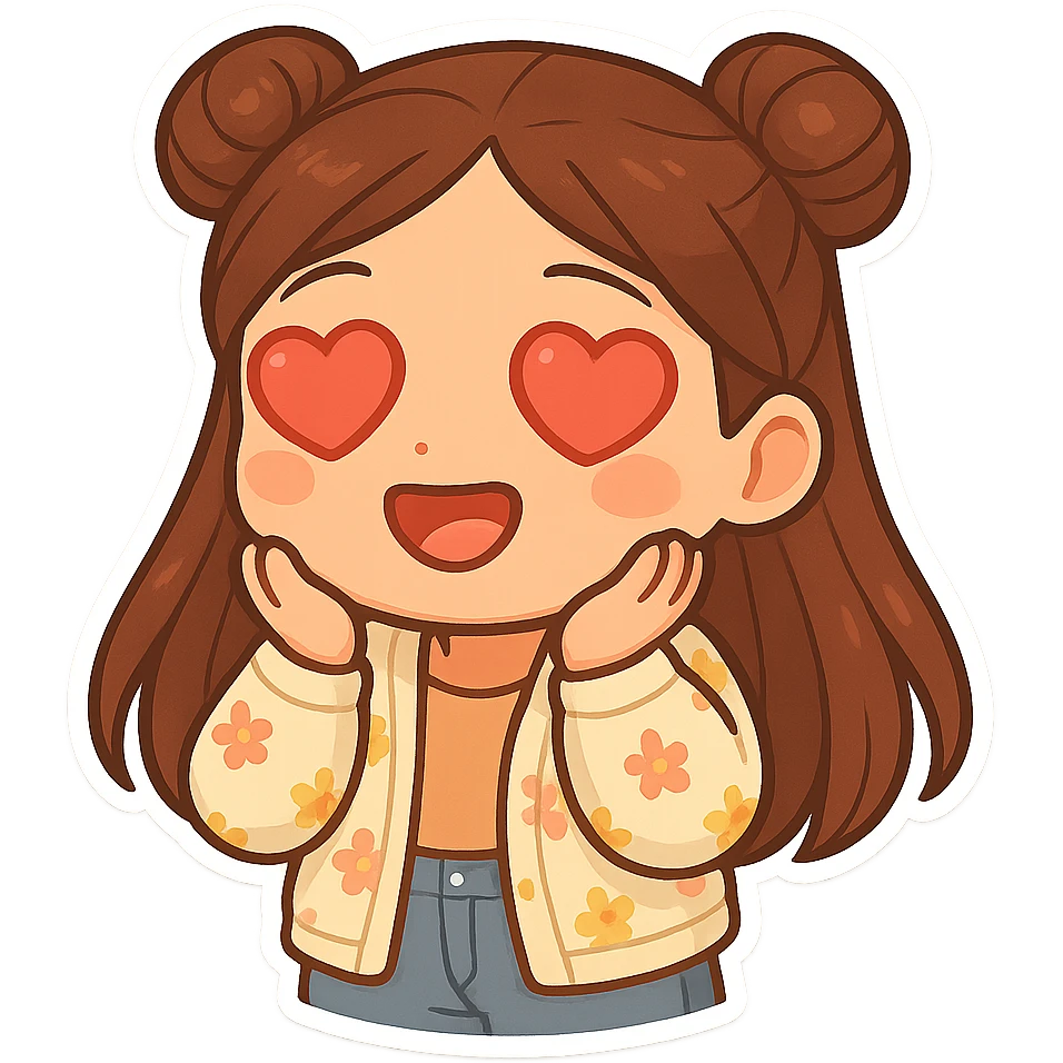 Create a chibi sticker of the girl from the reference image. She has brown straight hair styled in double buns, brown eyes, wearing a pastel floral cardigan and jeans. The expression is in love with heart eyes. The sticker should have a white outline and a transparent background, 512x512px. emoji