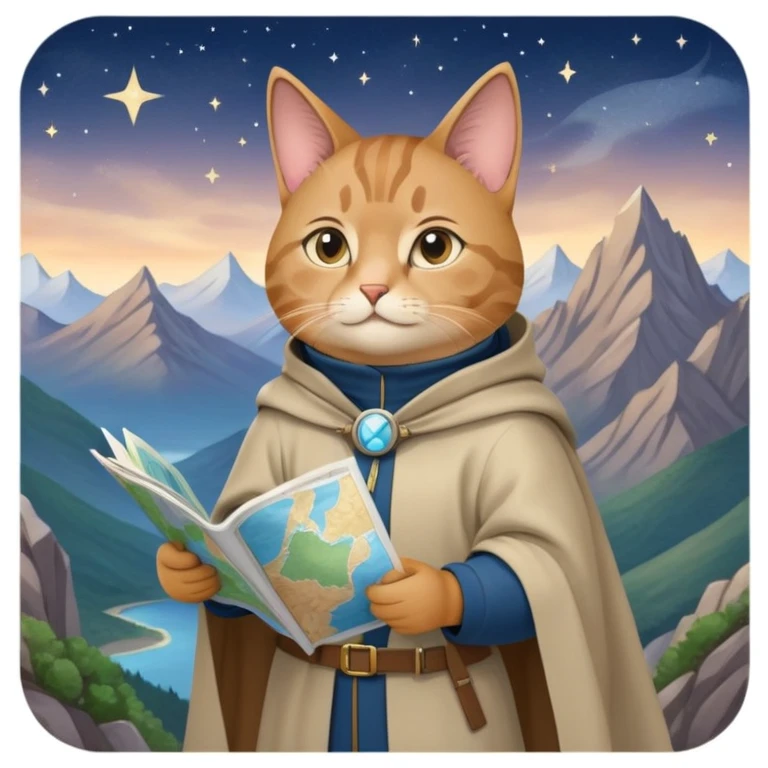 Explorer cat holding a map, mountains and stars in background, wearing light explorer clothing with flowing cloak, looking into distance emoji