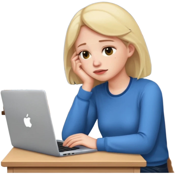 tired student with laptop, window at night behind, chin on desk, apple style emoji emoji