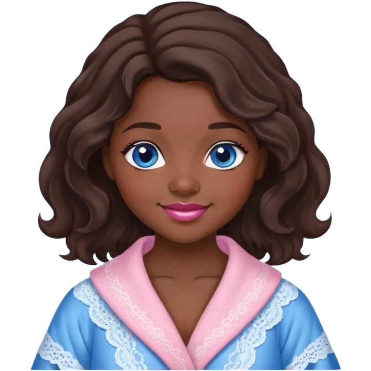 a girl with dark brown wavy hair just below her shoulders, with blue eyes, full lips, pink cheeks, plump skin, in a lace blue robe with a smile. emoji