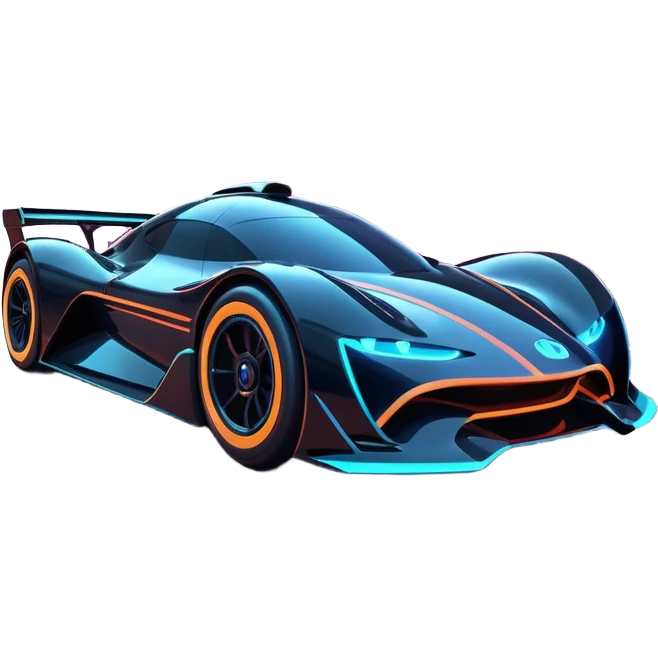 A futuristic racing car with glowing neon lights, sleek aerodynamic design, and a cyberpunk cityscape in the background. The car is speeding through a neon-lit street with high-tech buildings and holograms." emoji