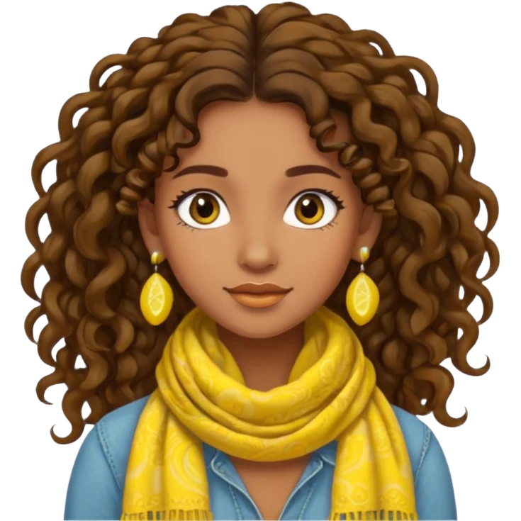 boho girl, brown skin, long curly brown hair up, lemon yellow scarf, round earrings emoji