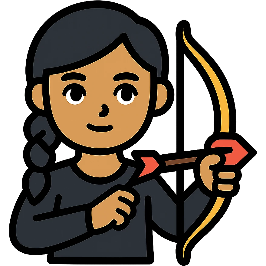 girl with olive skin, gray eyes, black hair in a side braid, wearing a black outfit, holding a bow and arrow emoji