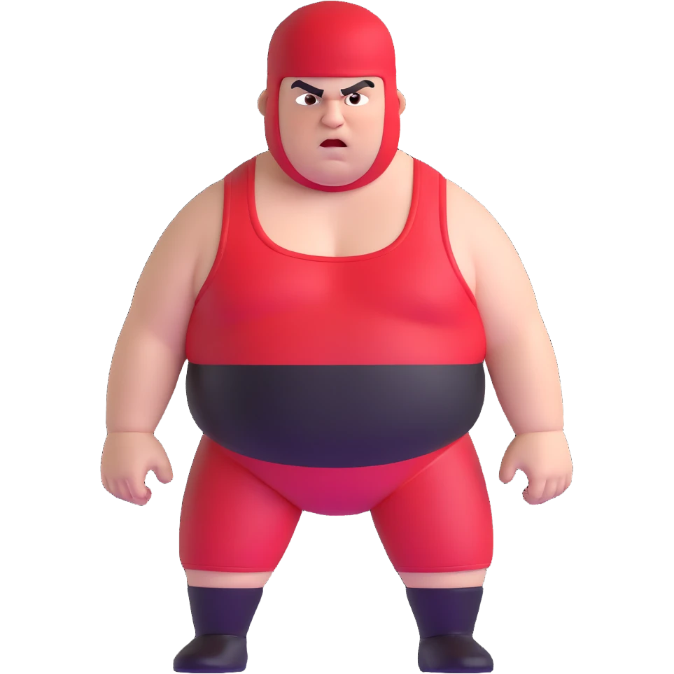 Close-up of white skin fat guy no muscle with prominent black durag, completely shaved face, no beard or mustache, black eyes in a red and black wrestling singlet with angry face emoji