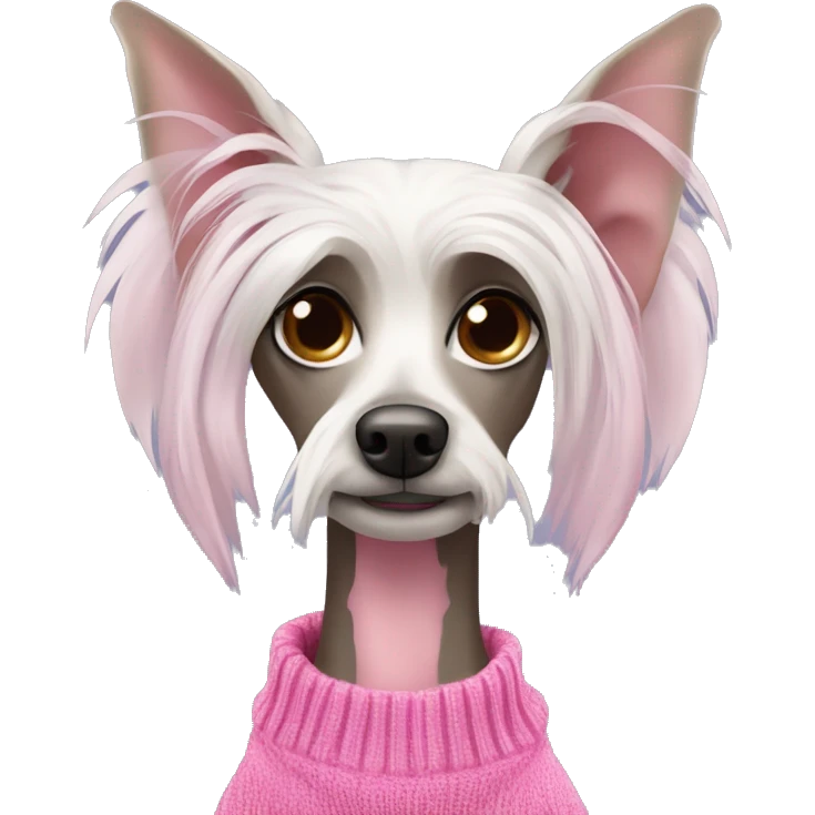 Chinese crested dog with droopy ears and pink sweater emoji