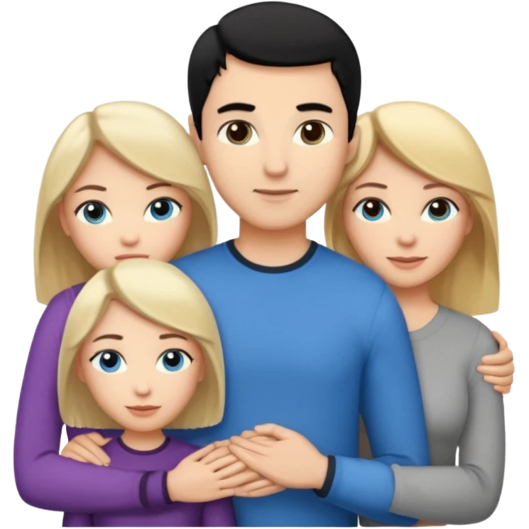 3 people. Throuple. Blank woman with blond hair and blue eye color on left. And also a blank man with black hair and grey eye color in the middle. And a blank woman with brown hair and grey eye color on the right. Holding each other  emoji