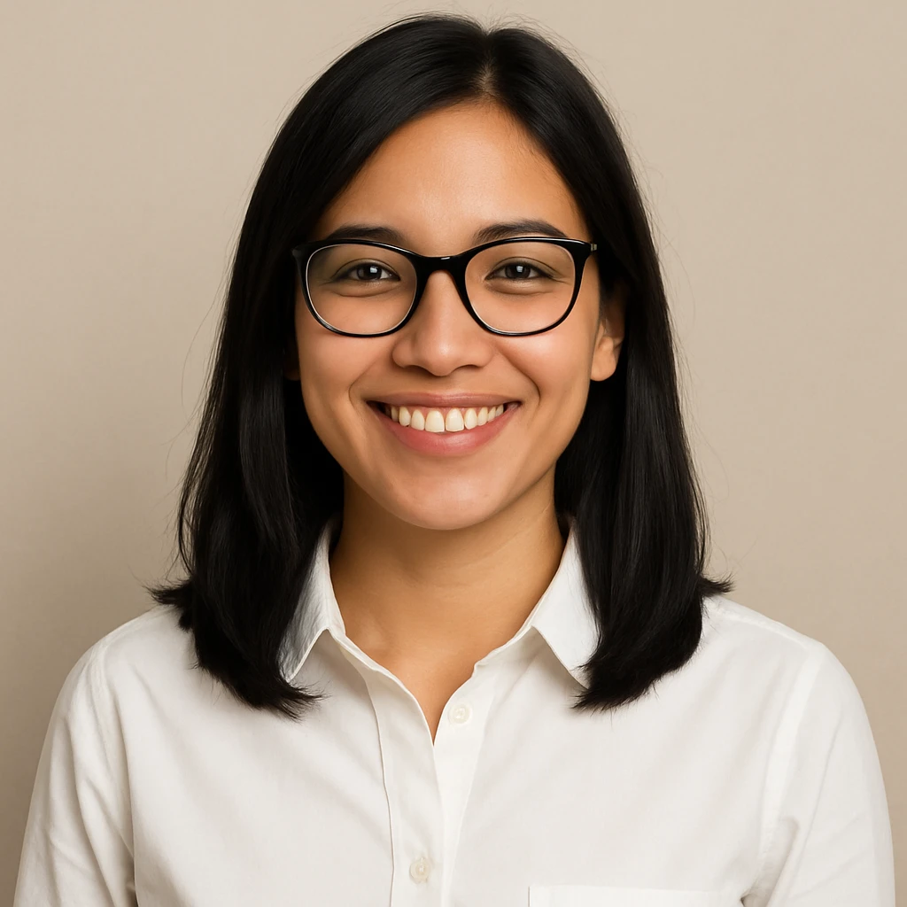 upper body of a medium length black haired girl with black glasses, light tan skin, white collared shirt, smiling, simple background emoji