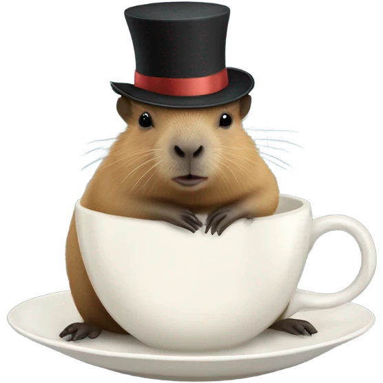 A tiny, adorable capybara wearing a miniature top hat, sitting by a tiny teacup in a whimsical forest setting, hyper-realistic, 4k, soft lighting."   emoji