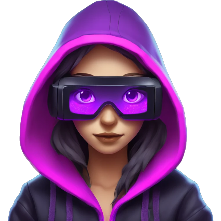 Russian girl wearing black hoody with violet letters "OMG", in vr headset. Cyberpunk style. Violet neon. emoji