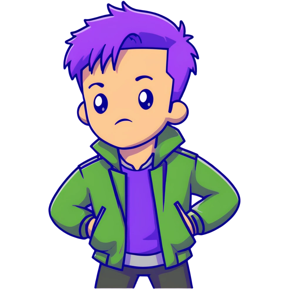 Man with stylish green jacket and purple hair, strong pose, bold expression, modern clothing style emoji