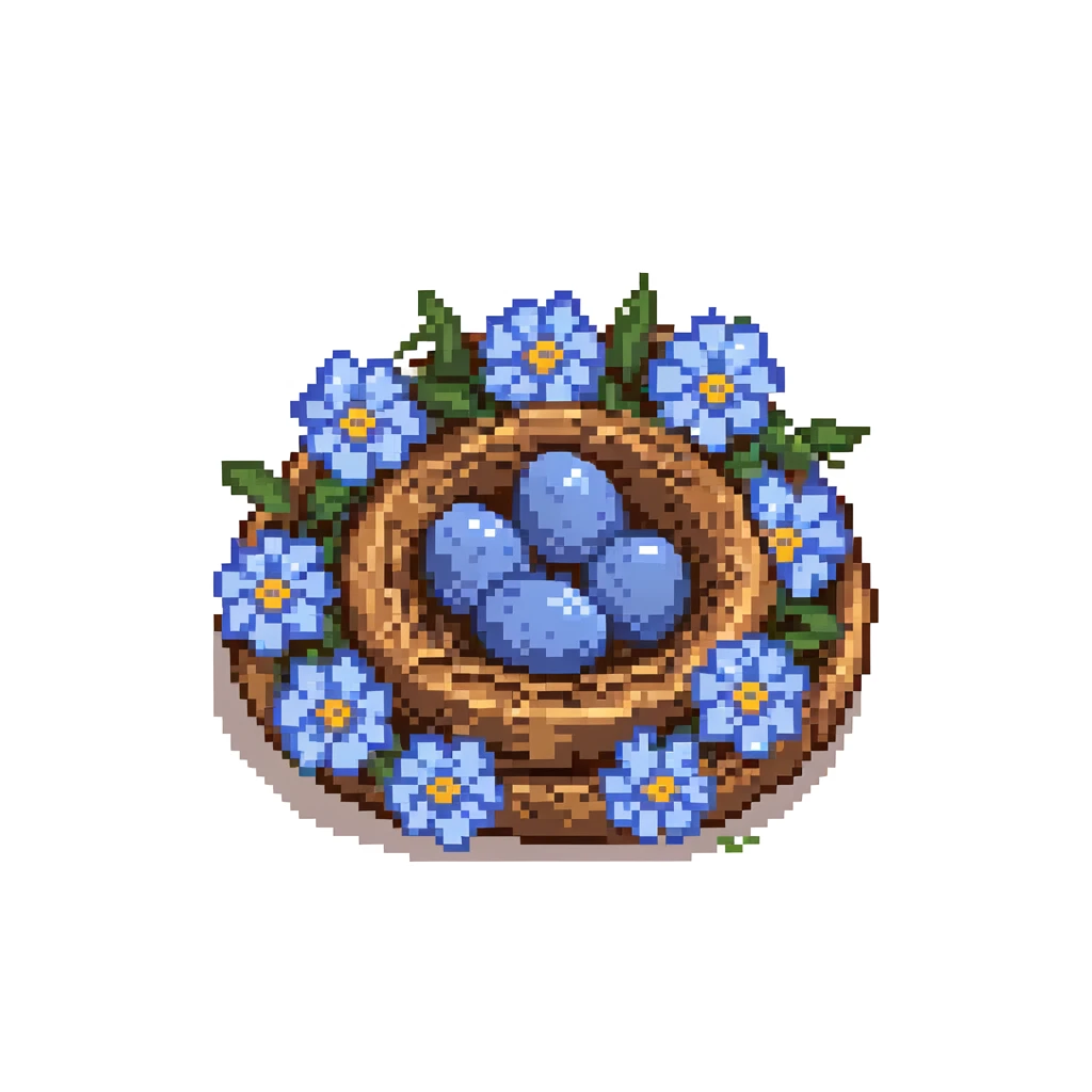 Nest with blue eggs and spring flowers around it emoji