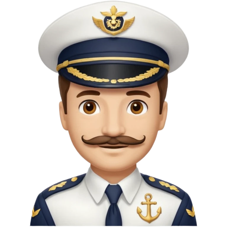 A light-skinned man with brown eyes and another mustache, smiling while wearing a white captain’s hat with a navy emblem. emoji