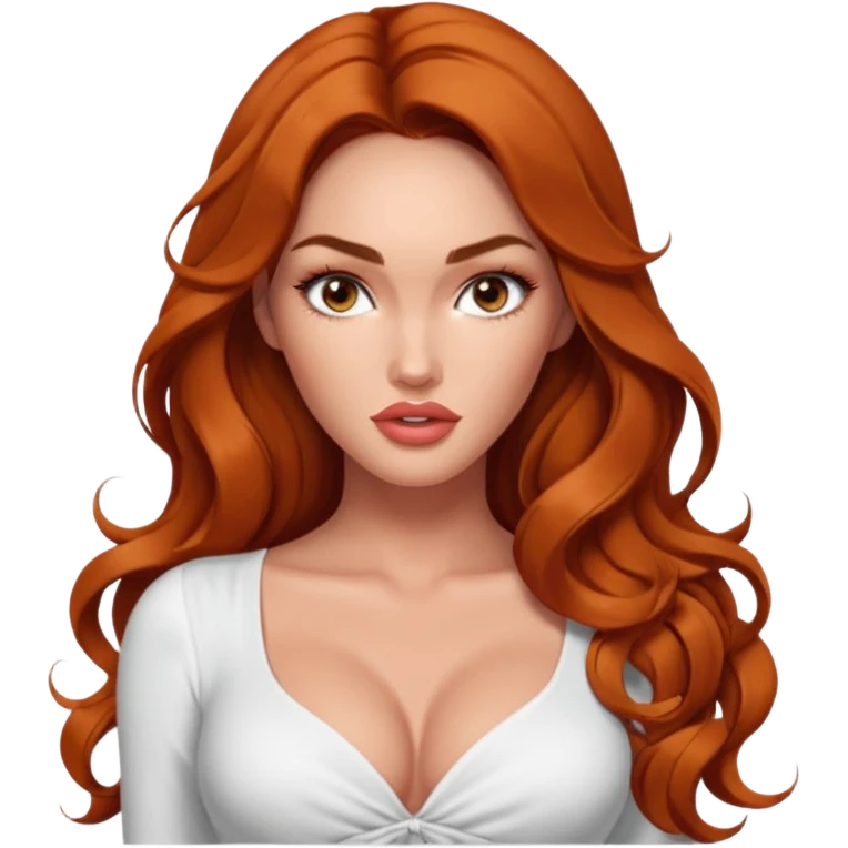 Megan fox, fashion model Beautiful woman model adult   large breasts  with monolid narrow eyes tan skin, full cupids bow lips  long curled ginger hair model white  top gorgeous  emoji