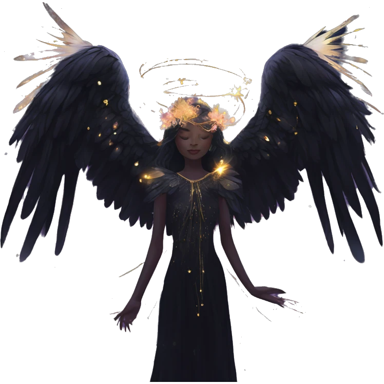 Black Raven wings bohemian girl Ethereal galaxy constellation girl angel raven wings black wings, gold arrow, nebula, flower crown, fairy lights, iridescent emoji