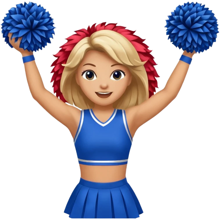 football cheerleader, holding big cheering pom, blue dress and red skin emoji