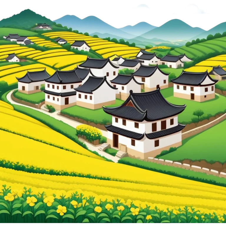 Wuyuan countryside spring flowers and traditional houses Jiangxi, simplified emoji style with bold outlines , emoji cartoon style rural village with yellow rapeseed flowers emoji