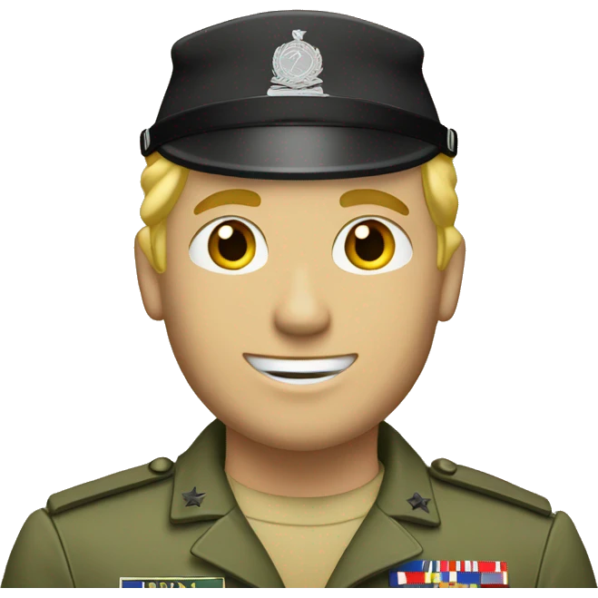 A blond guy in a military uniform with a “Losyash” patch emoji