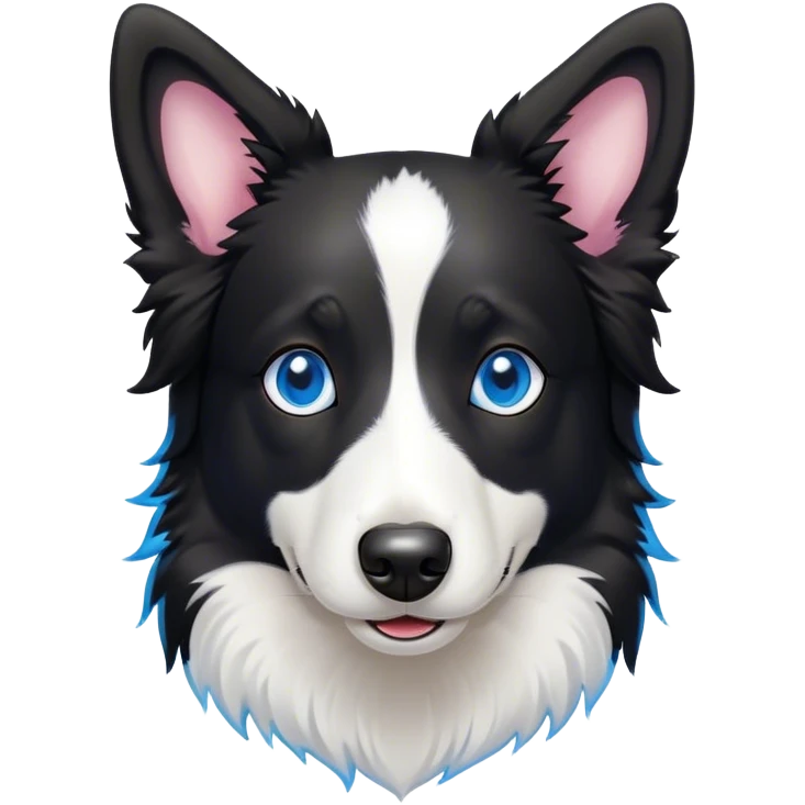 Cinematic Cute Black and White Border Collie Portrait Emoji, Head tilted playfully and inquisitively, with a sleek black and white coat and bright, sparkling blue eyes filled with curiosity, Simplified yet irresistibly adorable features, highly detailed, glowing with a warm, friendly glow, high shine, energetic and affectionate, stylized with a touch of whimsy, bright and endearing, soft glowing outline, capturing the essence of a mischievous yet loving pup, so playful it feels like it could bound out of the screen and into your arms! emoji