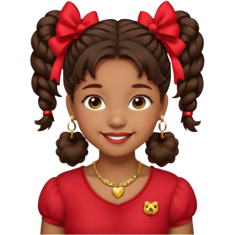 Brownskin girl dark brown hair fluffy. pigtails with red bows brown eyes smiling closed mouth red shirt gold esrrings gold necklace emoji