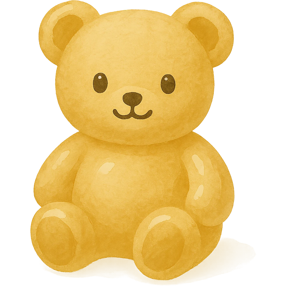 Make the gold watercolor teddy bear cuter with a rounder face, bigger eyes, and a small smile. Keep it metallic and shiny with no background. emoji