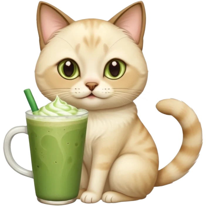 Happy Siamese Cat holding in its front two paws an iced matcha latte emoji