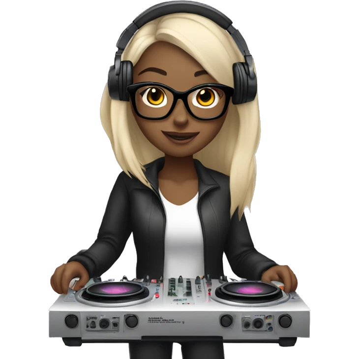 Light toned girl with long black hair with glasses on with headphones on mixing on a dj mixer  emoji
