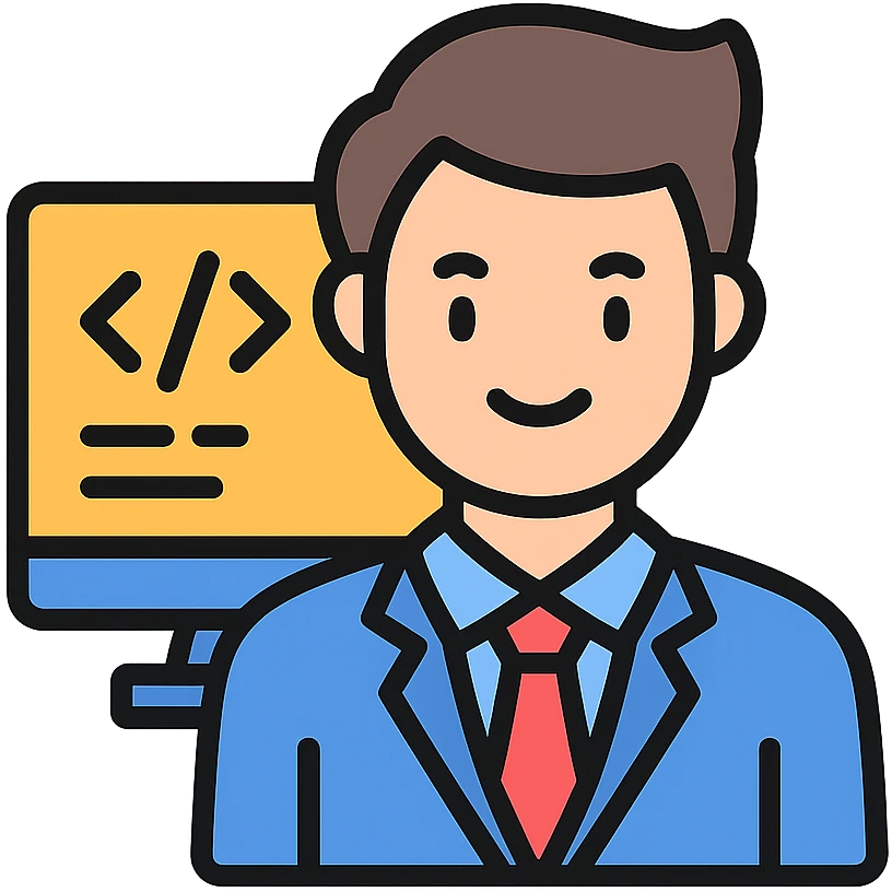 professional programmer, looking confident and happy, with code on a screen, color outline icon style emoji