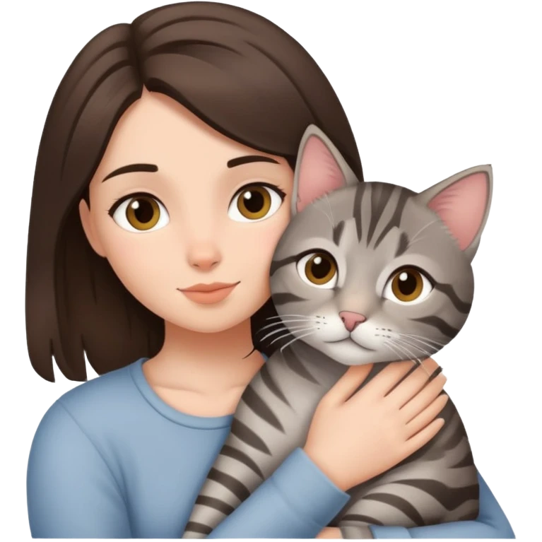brunette girl snuggling gray tabby emoji