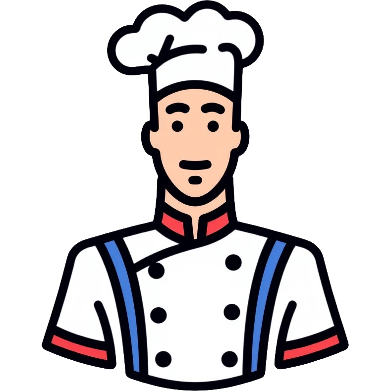 a pastry chef wearing the official uniform of Meilleurs Ouvriers de France (MOF) with a distinctive blue, white, and red collar, white chef coat, chef's hat, and medal emoji