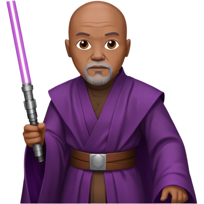 star wars master windu bald head, no facial hair, brown jedi outfit with purple lightsaber emoji