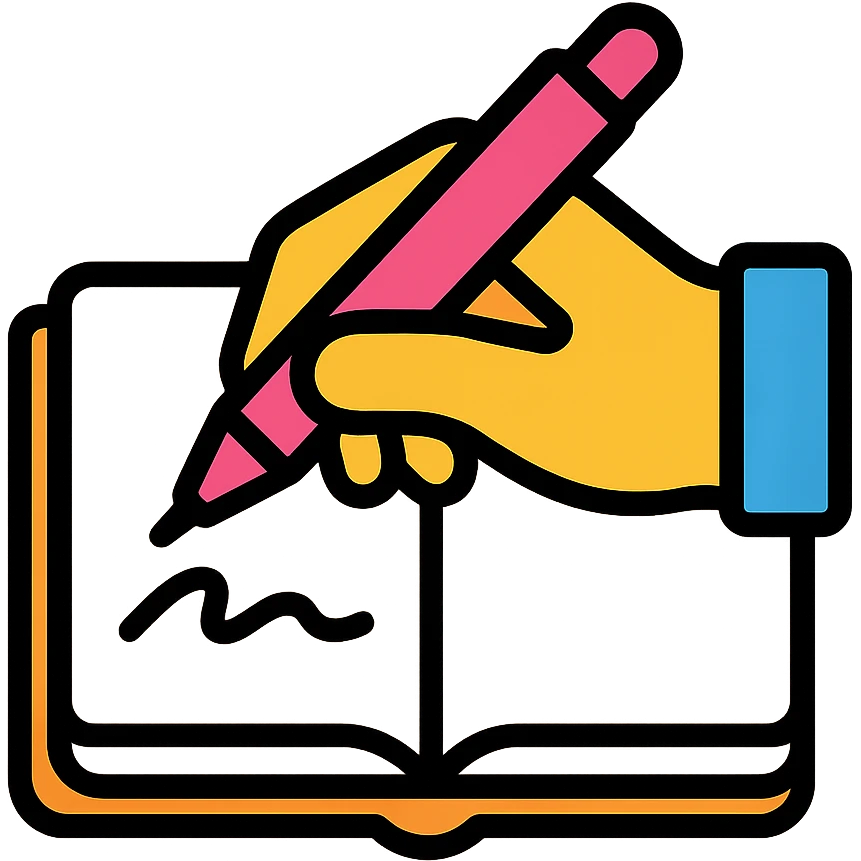 a hand holding a pink pen, writing in an open notebook, color outline icon style emoji