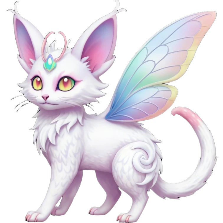 Pure-snow-White albino iridescent with pastel rainbow-gradients-color-markings with swirly patterns butterflies  faerie-Noivern-Noibat-Purloin-Torracat-Lykoi-Caracal-cat-Fakemon-fusion-hybrid-creature emoji