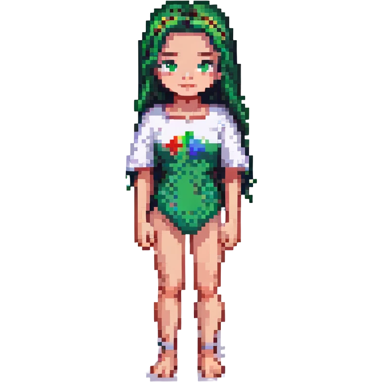 14-year-old girl resembling Snow White, hair slightly below shoulders, small green eyes, some freckles, surfer, medium height, pixel art style emoji