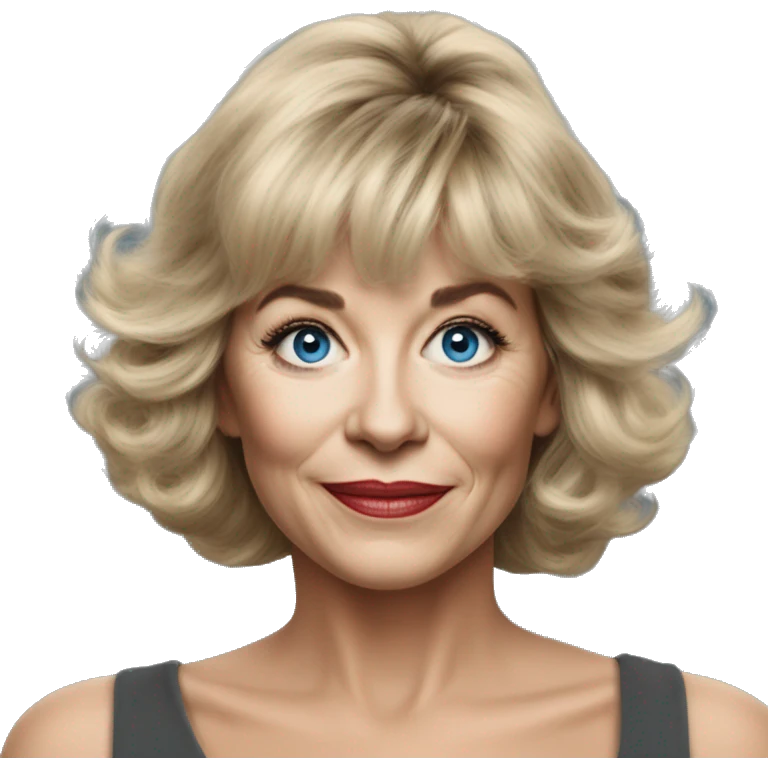 Medium length Dirty blonde poufy hair with bangs all across forehead and sides swept away from face woman of 60 with blue eyes  emoji