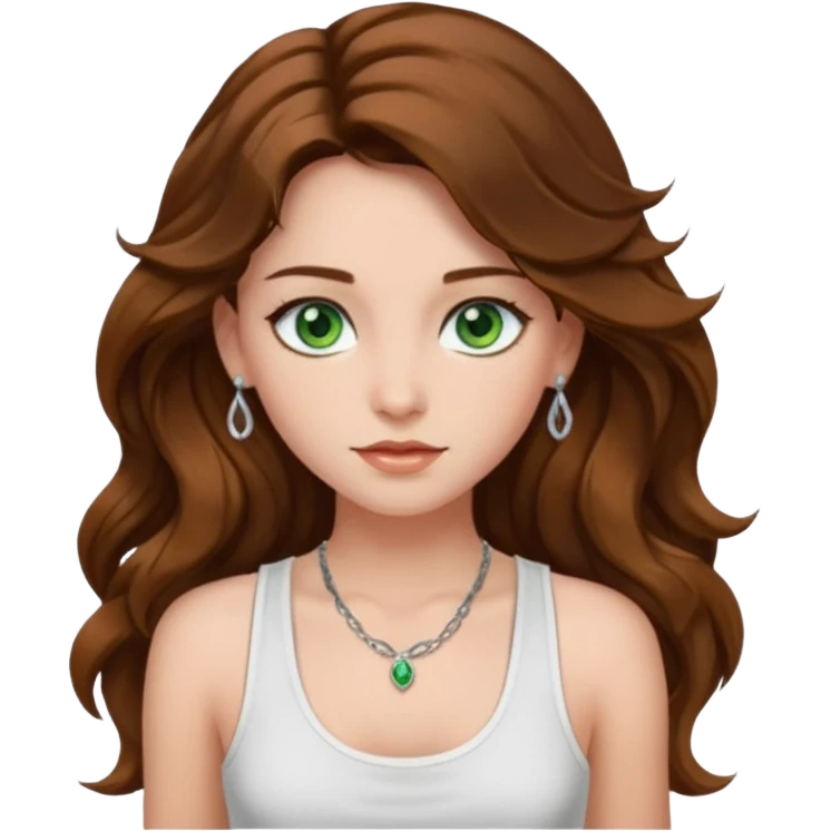 A girl with long brown wavy  hair, green eyes, and a white tank top; she doesn't have bangs. she wear a lot of silver jewerly  emoji