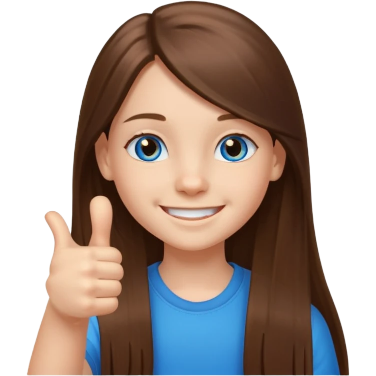 11 year old girl, blue eyes, brown long ish straight hair, smile and thumbs up emoji